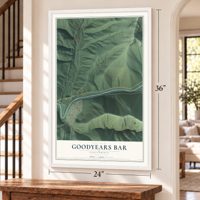 Goodyears Bar, California map, 24 x 36 inch print in a white frame by a staircase