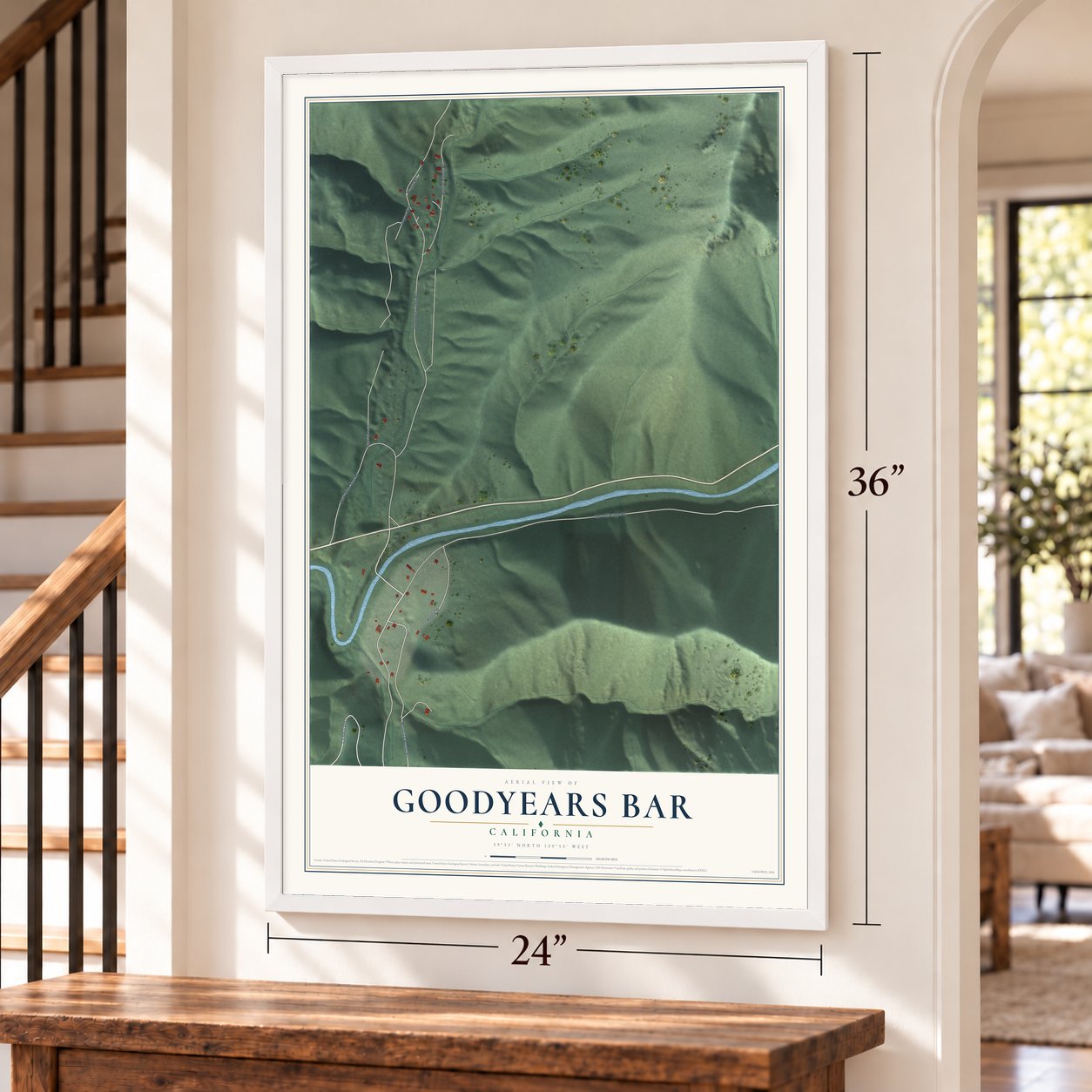 Goodyears Bar, California map, 24 x 36 inch print in a white frame by a staircase