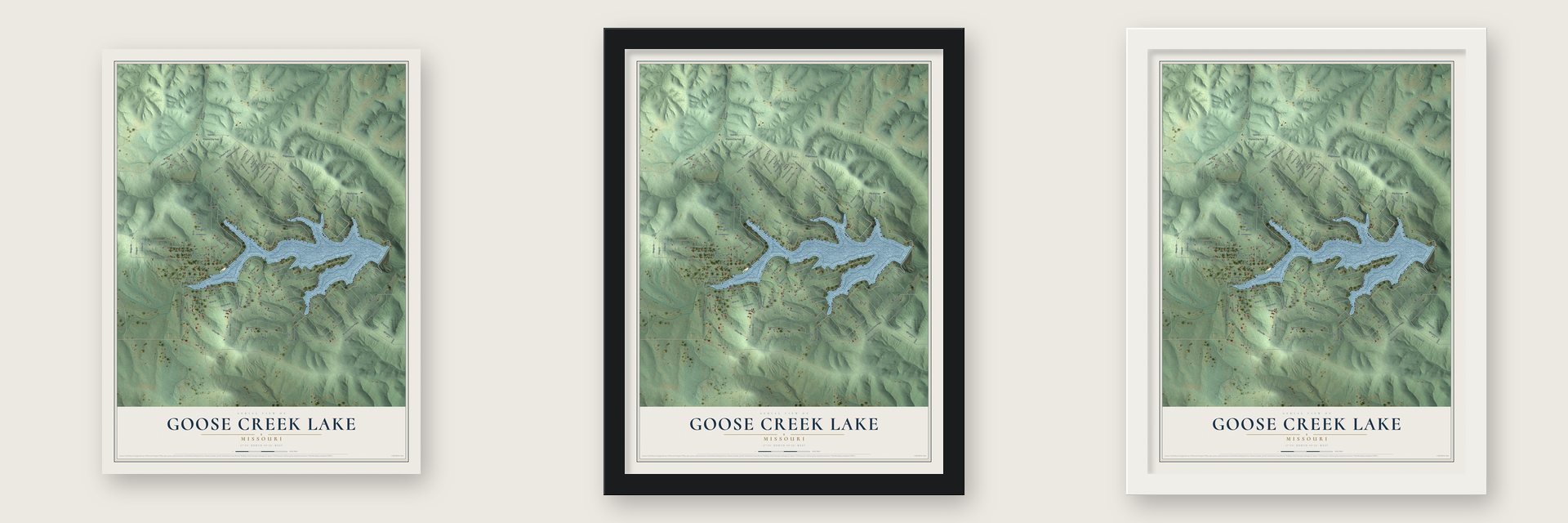 Goose Creek Lake, Missouri map unframed, in a black wood frame and in a white wood frame