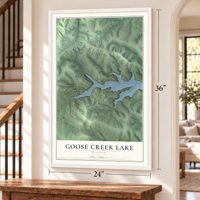 Goose Creek Lake, Missouri map, 24 x 36 inch print in a white frame by a staircase