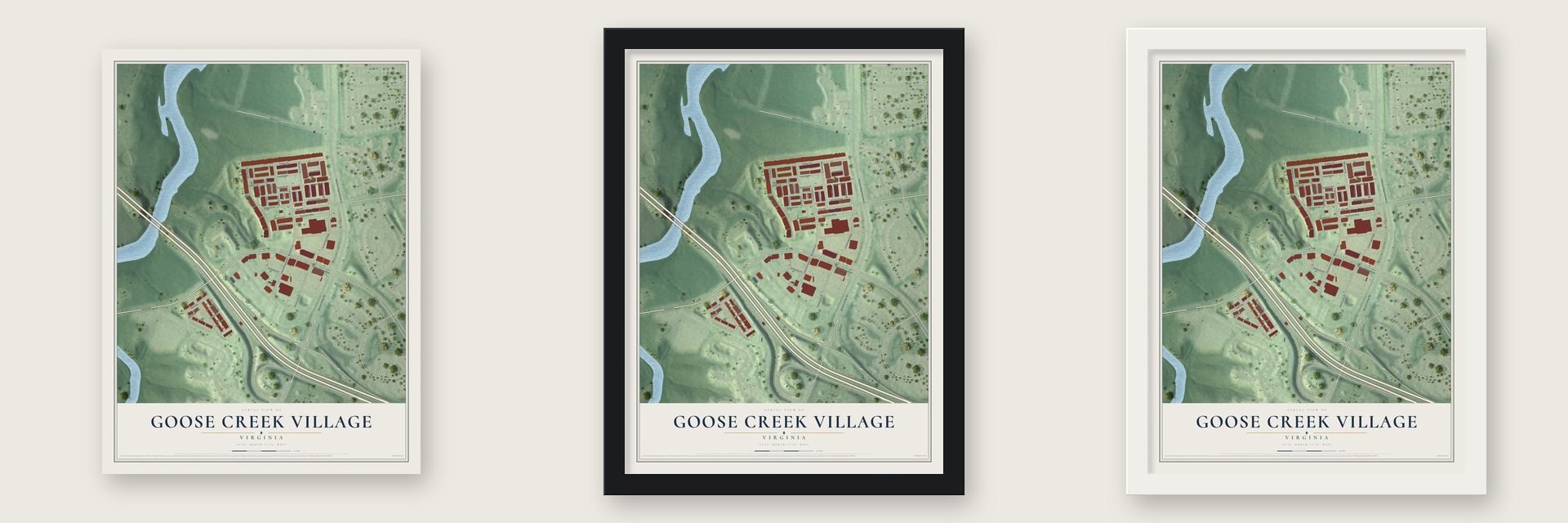 Goose Creek Village, Virginia map unframed, in a black wood frame and in a white wood frame