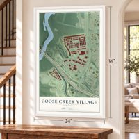 Goose Creek Village, Virginia map, 24 x 36 inch print in a white frame by a staircase