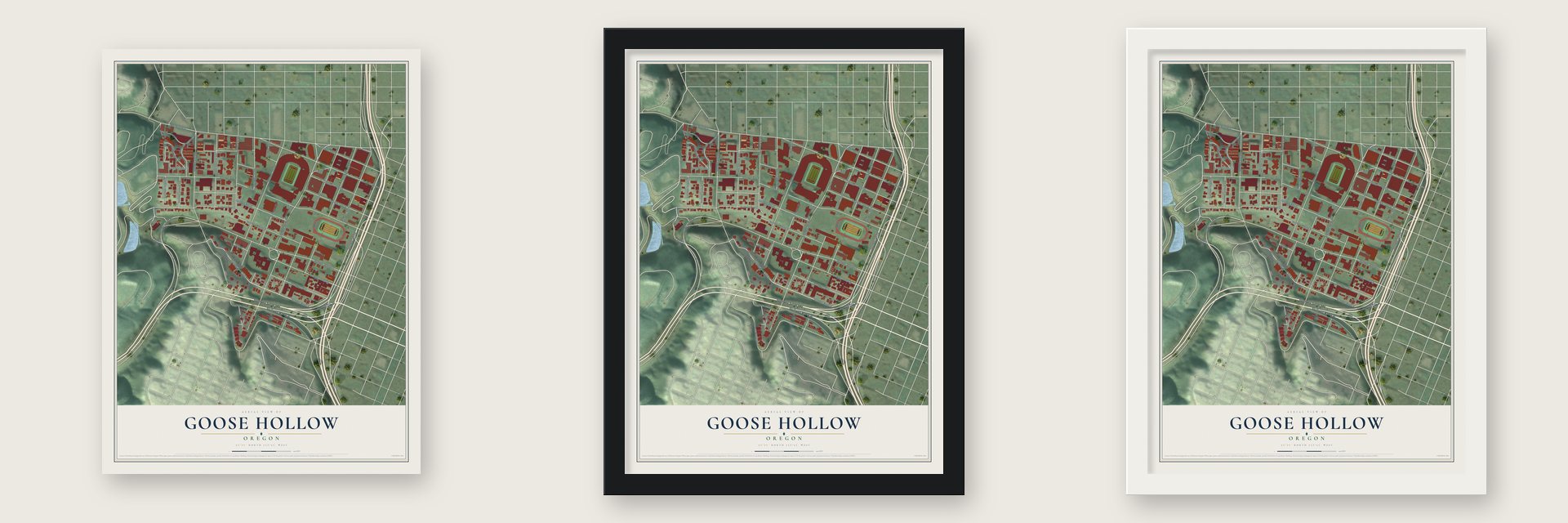 Goose Hollow, Oregon map unframed, in a black wood frame and in a white wood frame