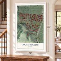 Goose Hollow, Oregon map, 24 x 36 inch print in a white frame by a staircase