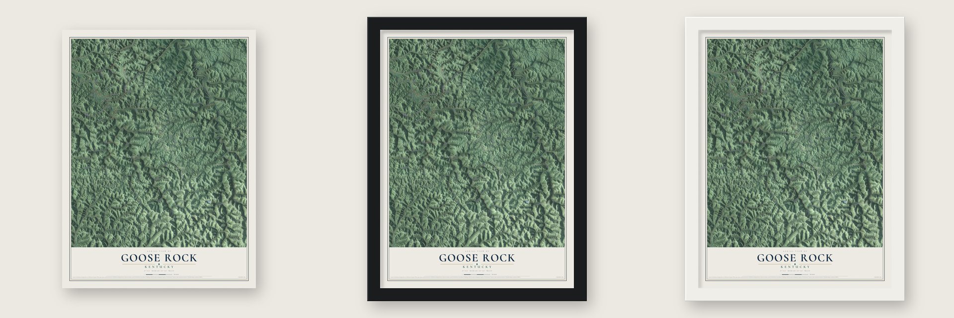Goose Rock, Kentucky map unframed, in a black wood frame and in a white wood frame