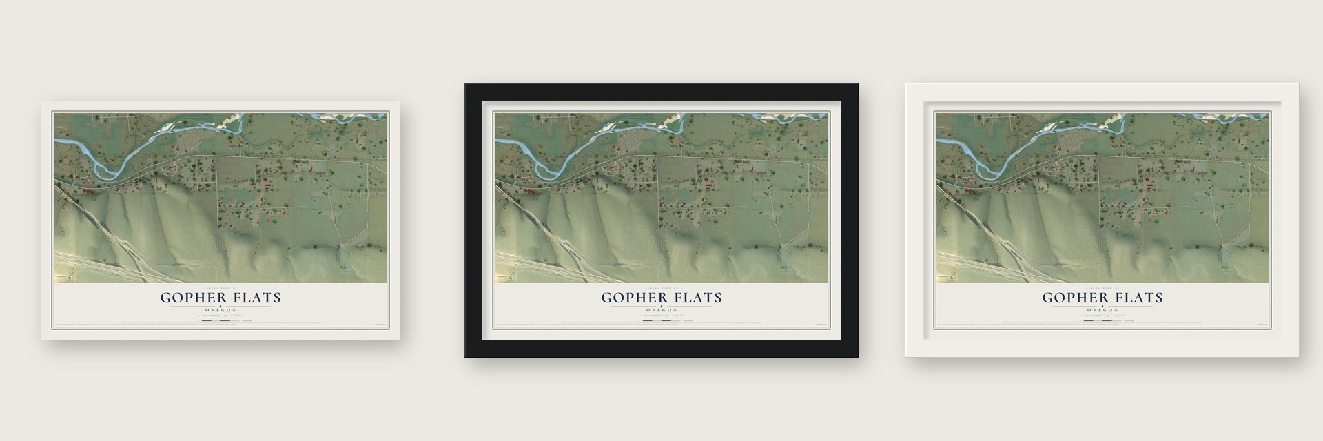 Gopher Flats, Oregon map unframed, in a black wood frame and in a white wood frame