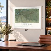 Gopher Flats, Oregon map, 18 x 24 inch print in a white frame in a home office