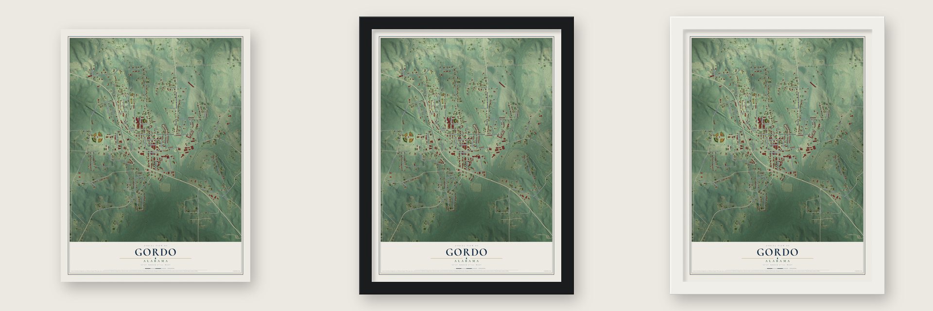 Gordo, Alabama map unframed, in a black wood frame and in a white wood frame