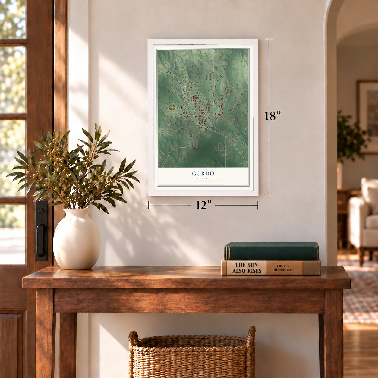 Gordo, Alabama map, 12 x 18 inch print in a white frame in an entryway