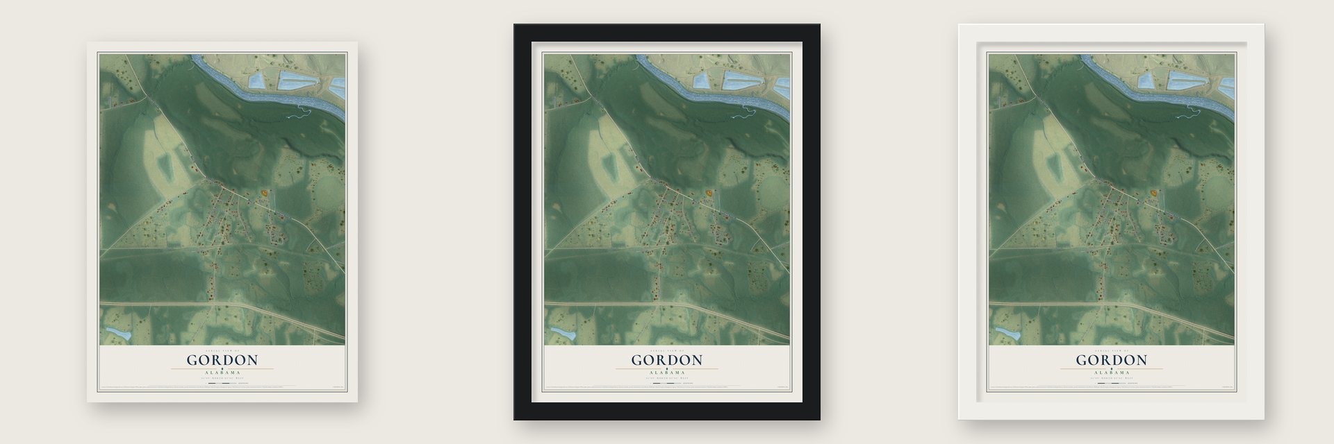 Gordon, Alabama map unframed, in a black wood frame and in a white wood frame