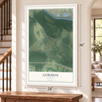 Gordon, Alabama map, 24 x 36 inch print in a white frame by a staircase