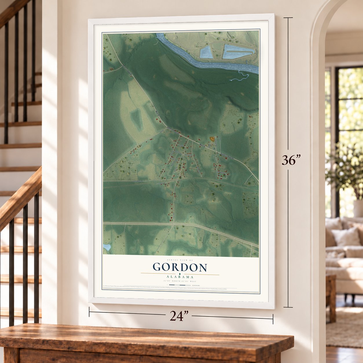 Gordon, Alabama map, 24 x 36 inch print in a white frame by a staircase