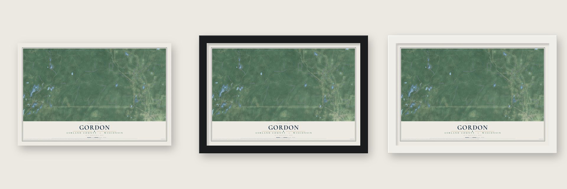 Gordon, Ashland County, Wisconsin map unframed, in a black wood frame and in a white wood frame