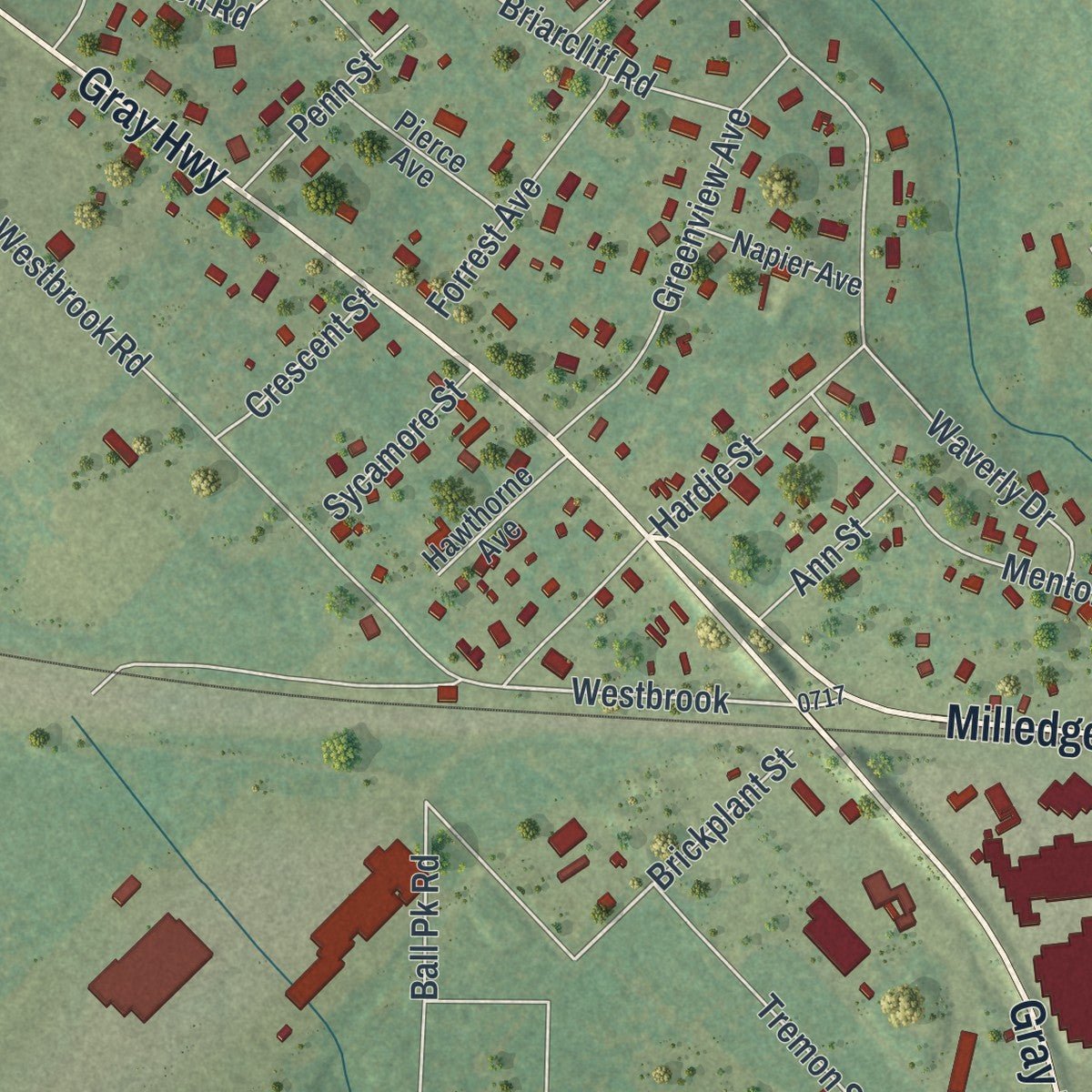 Second close-up of the map of Gordon, Georgia print showing more streets and buildings