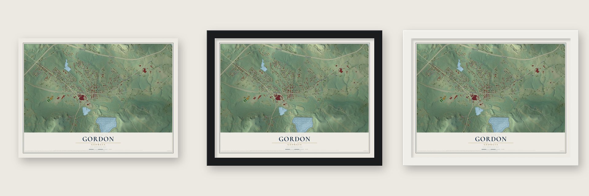 Gordon, Georgia map unframed, in a black wood frame and in a white wood frame