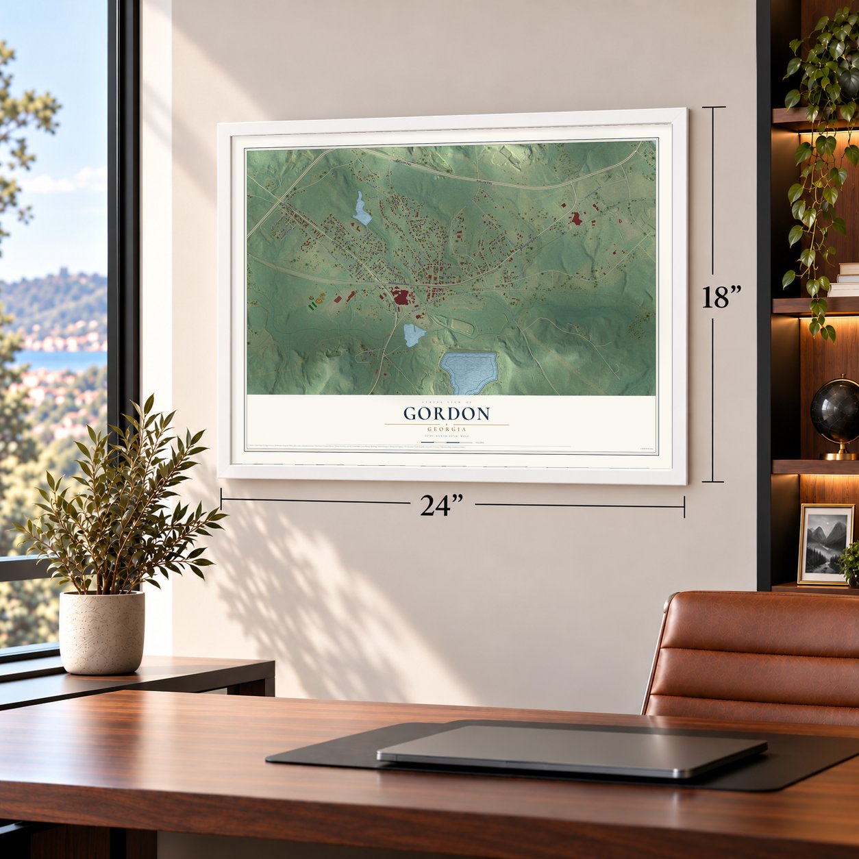 Gordon, Georgia map, 18 x 24 inch print in a white frame in a home office