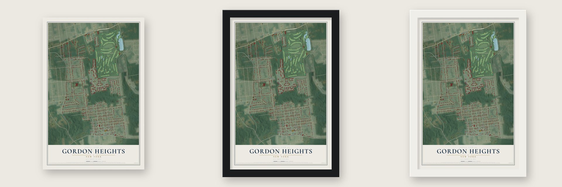 Gordon Heights, New York map unframed, in a black wood frame and in a white wood frame