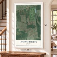 Gordon Heights, New York map, 24 x 36 inch print in a white frame by a staircase
