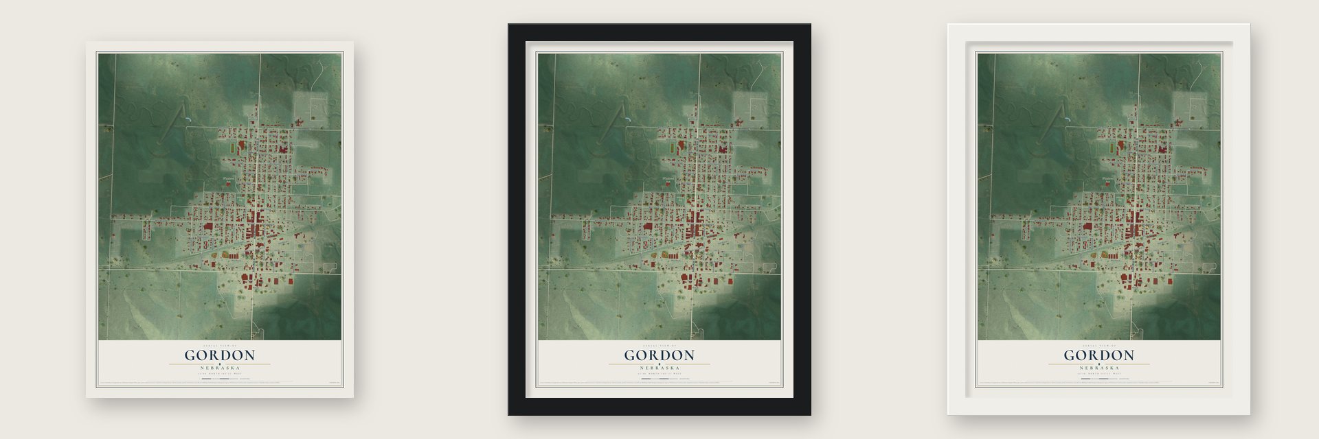 Gordon, Nebraska map unframed, in a black wood frame and in a white wood frame