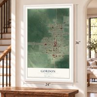 Gordon, Nebraska map, 24 x 36 inch print in a white frame by a staircase