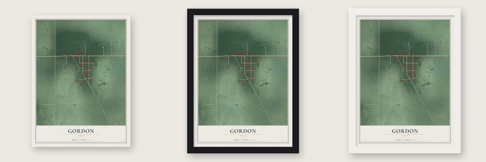 Gordon, Ohio map unframed, in a black wood frame and in a white wood frame