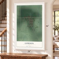 Gordon, Ohio map, 24 x 36 inch print in a white frame by a staircase