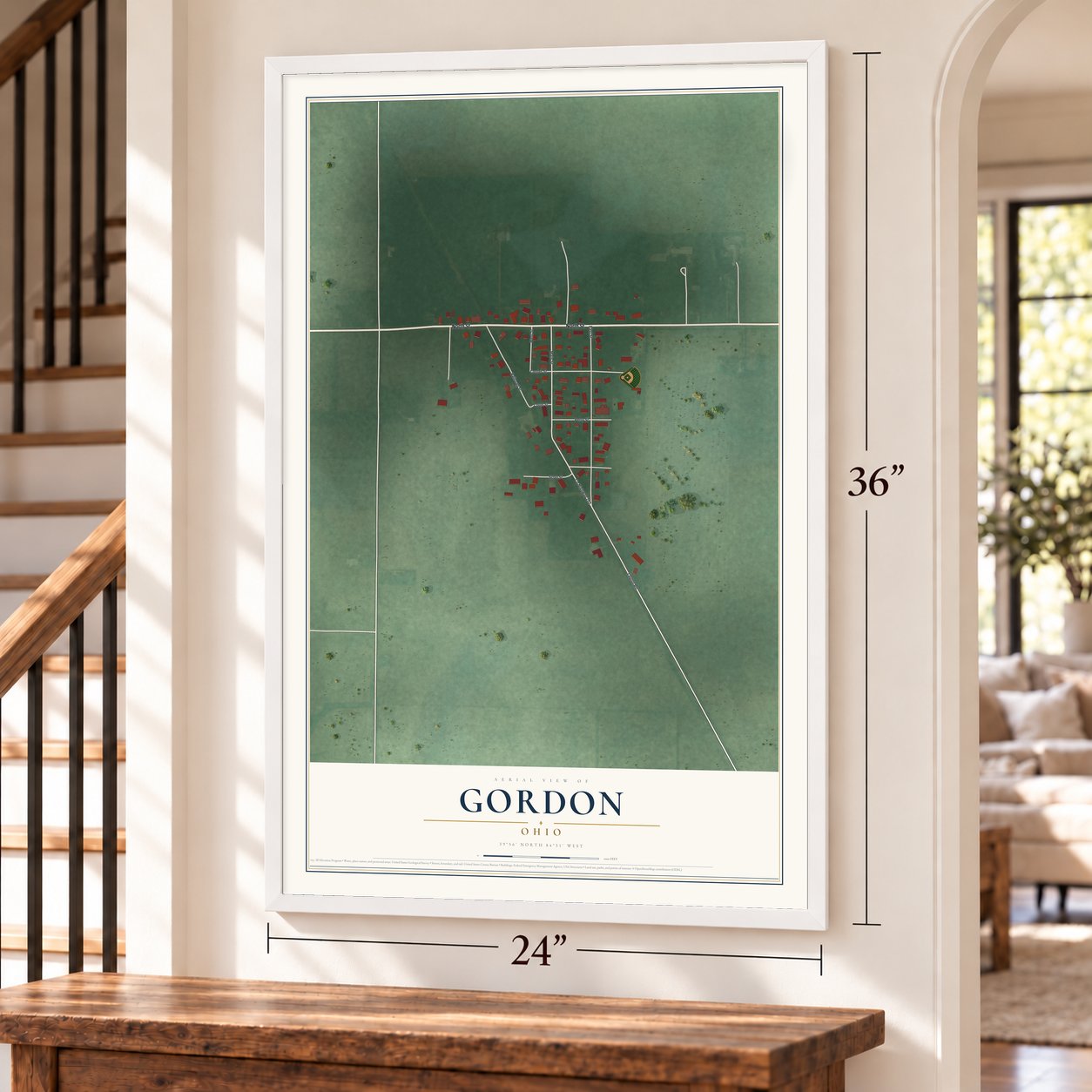 Gordon, Ohio map, 24 x 36 inch print in a white frame by a staircase