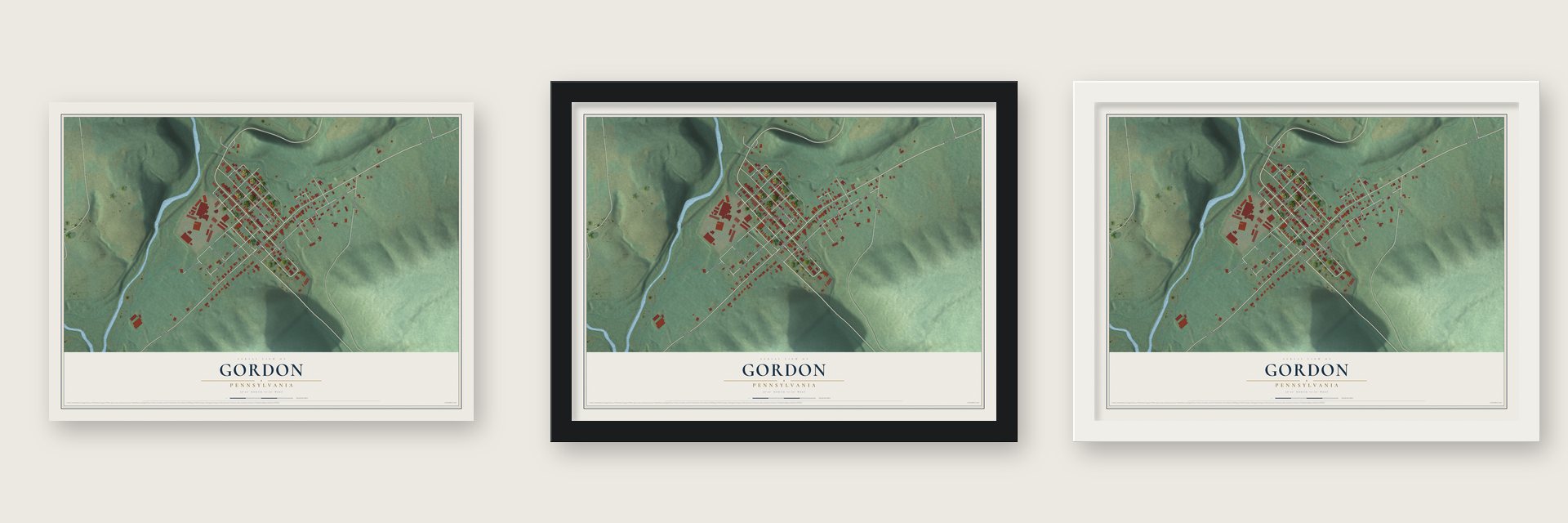 Gordon, Pennsylvania map unframed, in a black wood frame and in a white wood frame