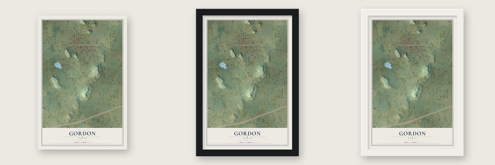 Gordon, Texas map unframed, in a black wood frame and in a white wood frame