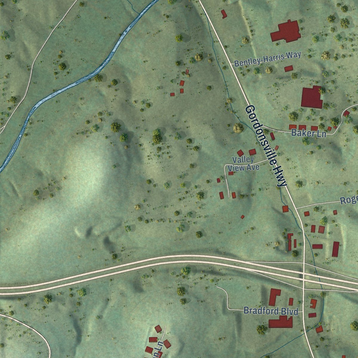 Second close-up of the map of Gordonsville, Tennessee print showing more streets and buildings