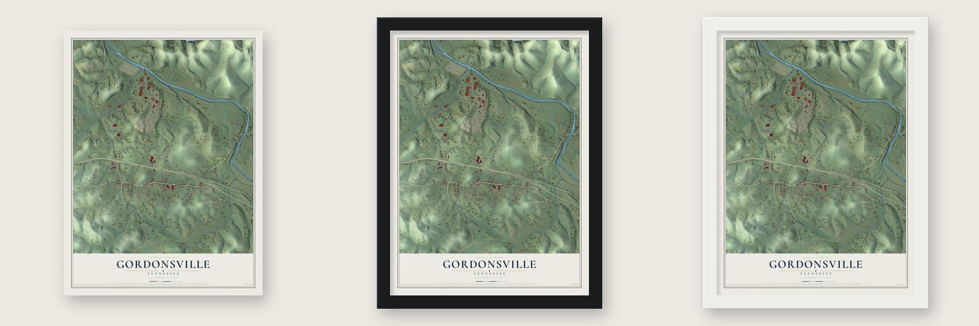 Gordonsville, Tennessee map unframed, in a black wood frame and in a white wood frame