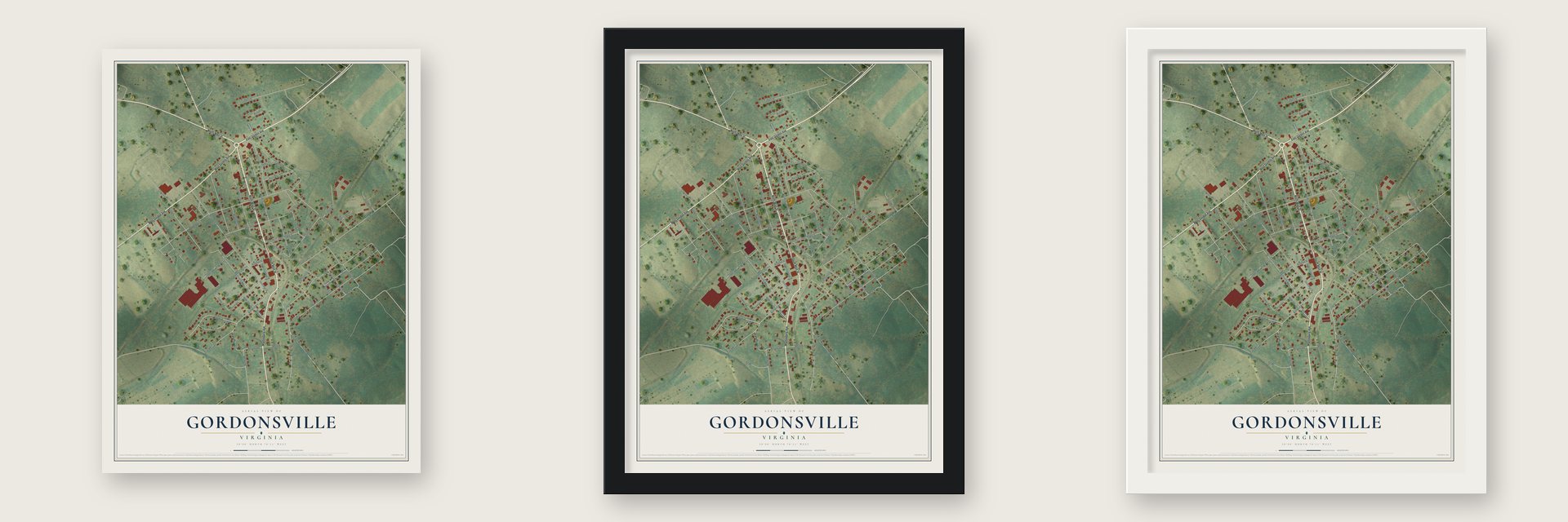 Gordonsville, Virginia map unframed, in a black wood frame and in a white wood frame