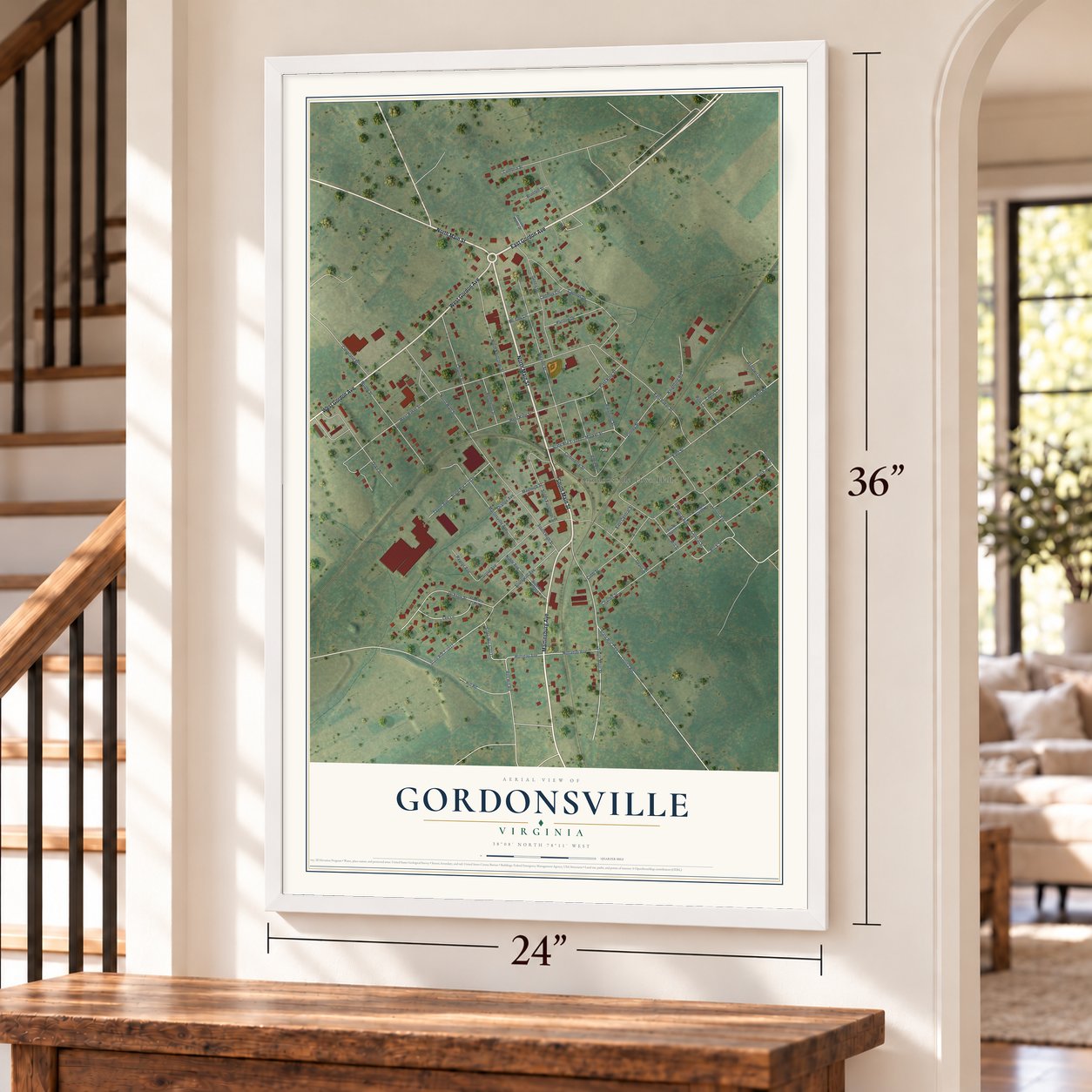 Gordonsville, Virginia map, 24 x 36 inch print in a white frame by a staircase