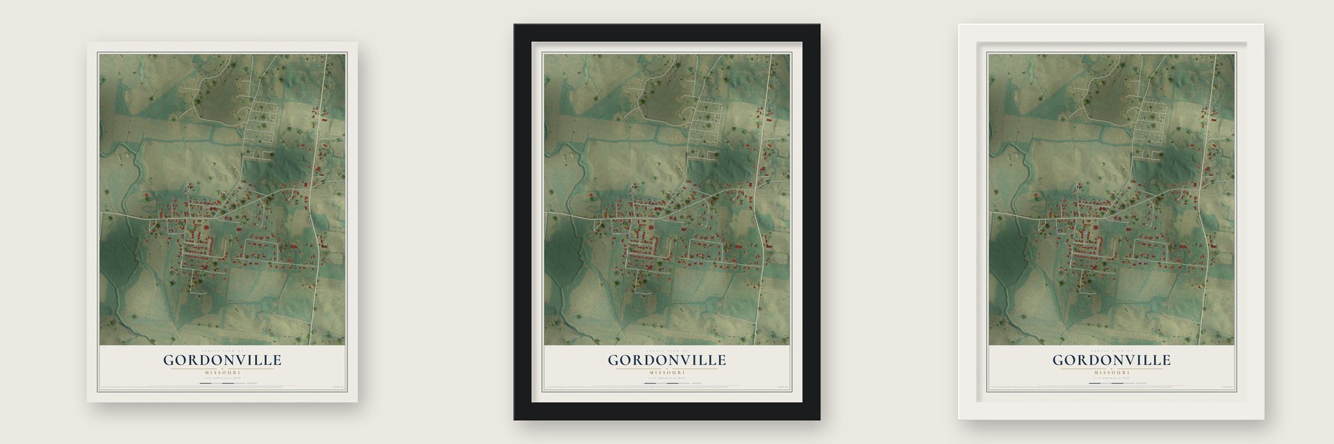 Gordonville, Missouri map unframed, in a black wood frame and in a white wood frame