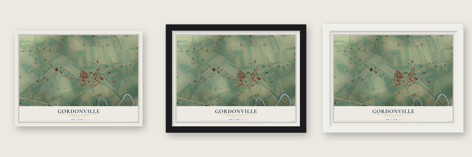 Gordonville, Pennsylvania map unframed, in a black wood frame and in a white wood frame