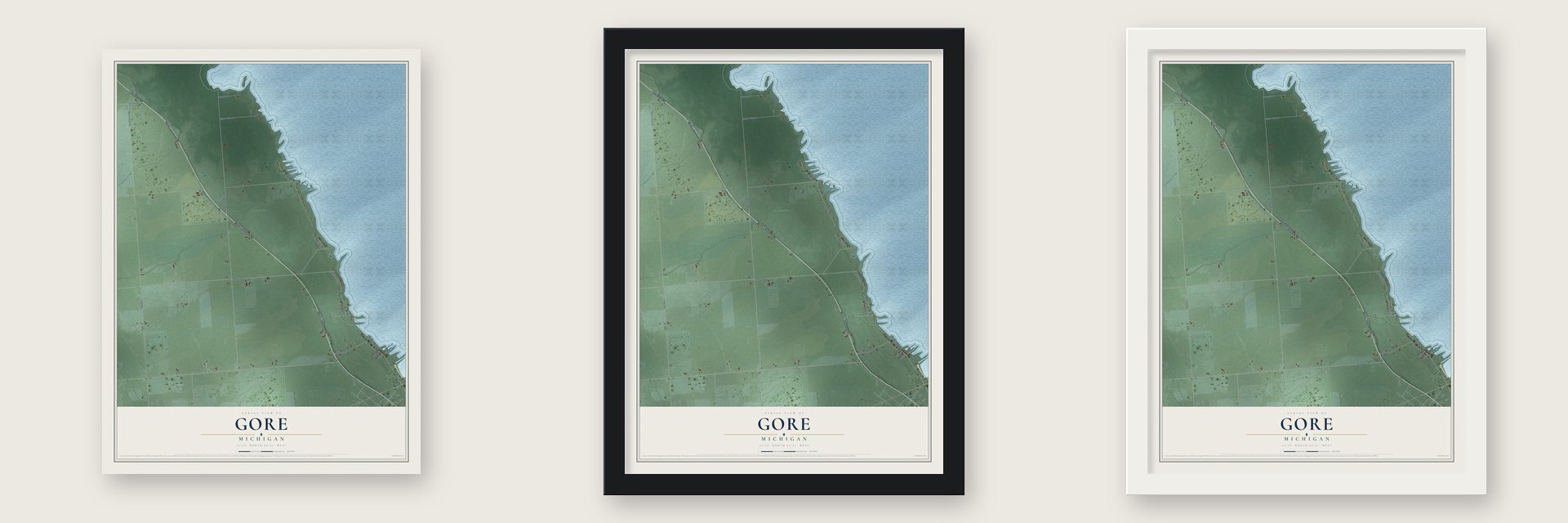 Gore, Michigan map unframed, in a black wood frame and in a white wood frame
