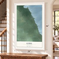 Gore, Michigan map, 24 x 36 inch print in a white frame by a staircase