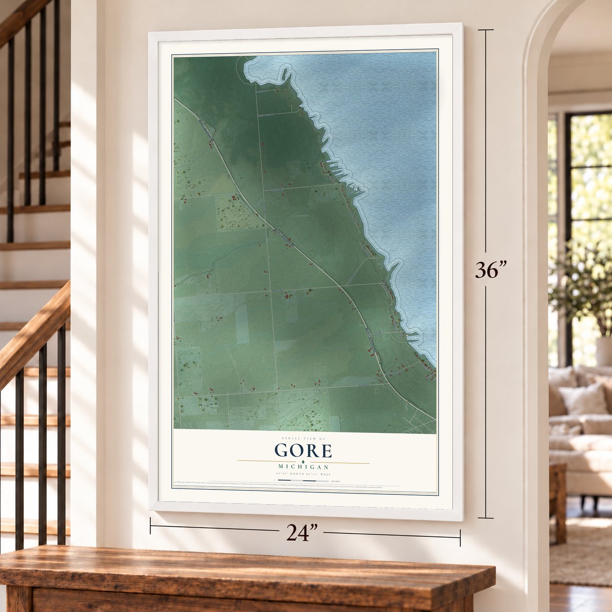 Gore, Michigan map, 24 x 36 inch print in a white frame by a staircase
