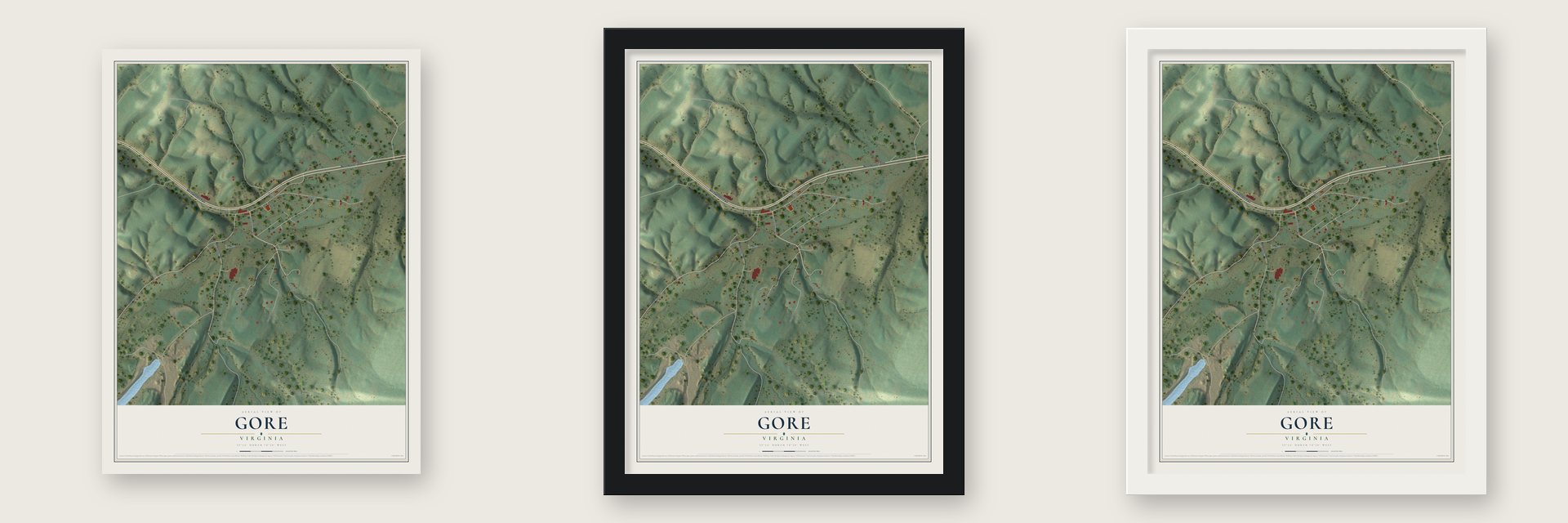 Gore, Virginia map unframed, in a black wood frame and in a white wood frame