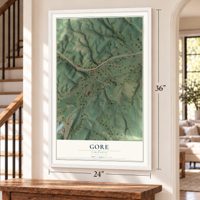 Gore, Virginia map, 24 x 36 inch print in a white frame by a staircase