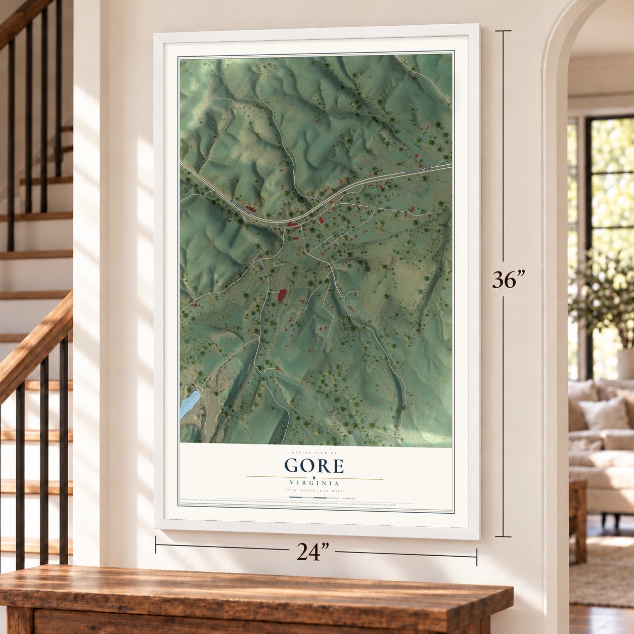 Gore, Virginia map, 24 x 36 inch print in a white frame by a staircase