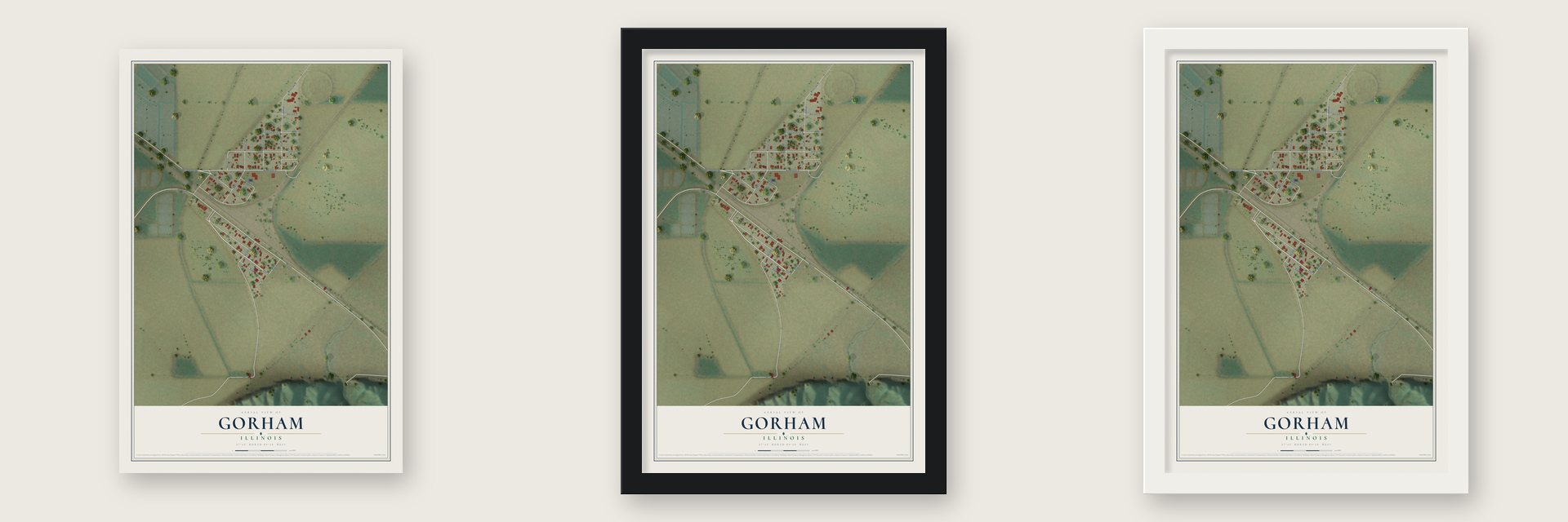 Gorham, Illinois map unframed, in a black wood frame and in a white wood frame