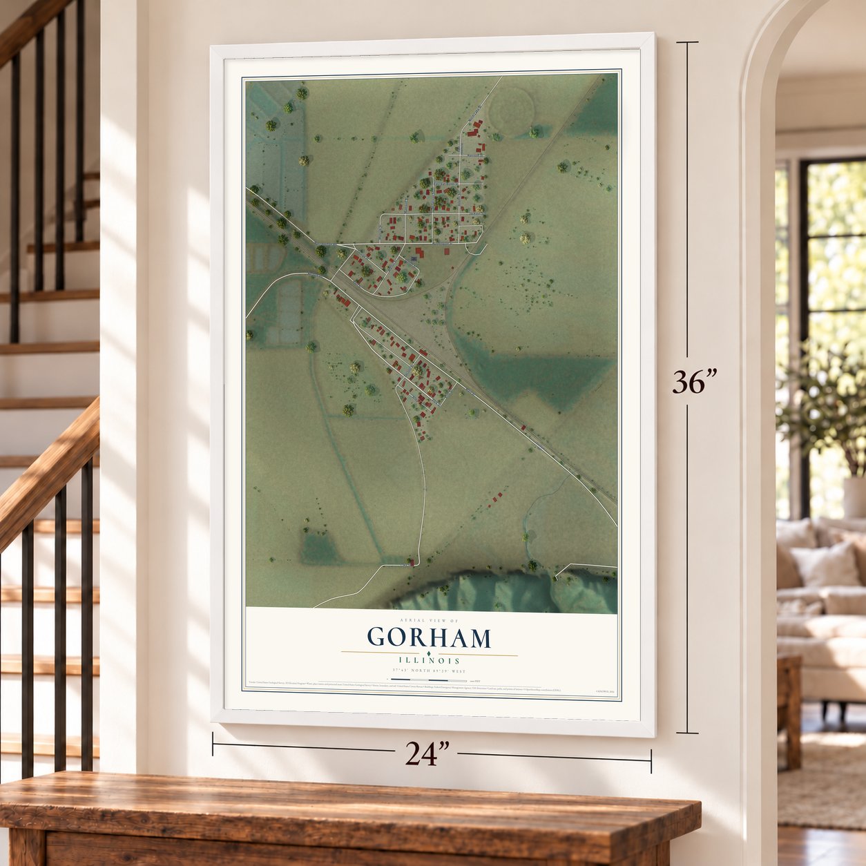 Gorham, Illinois map, 24 x 36 inch print in a white frame by a staircase