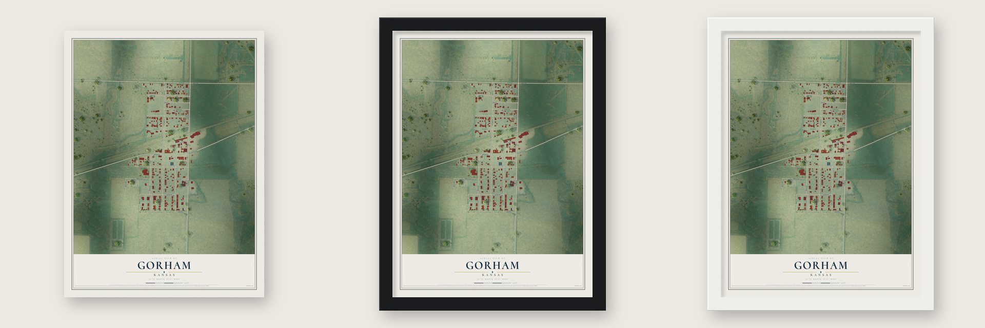 Gorham, Kansas map unframed, in a black wood frame and in a white wood frame