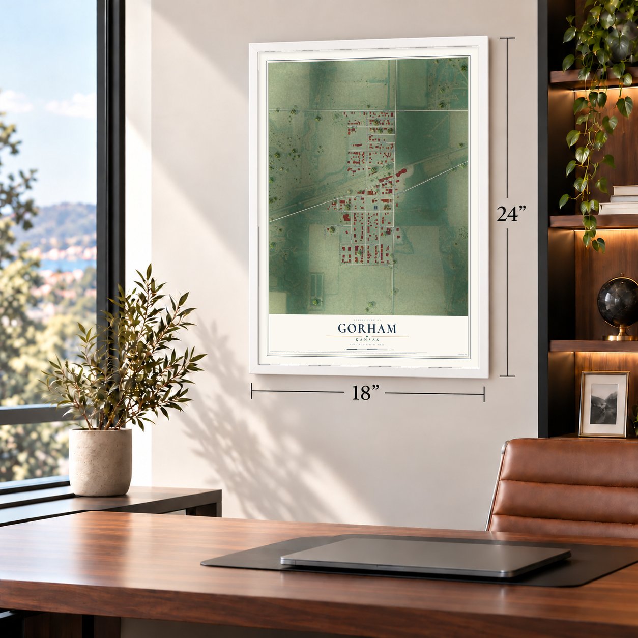 Gorham, Kansas map, 18 x 24 inch print in a white frame in a home office