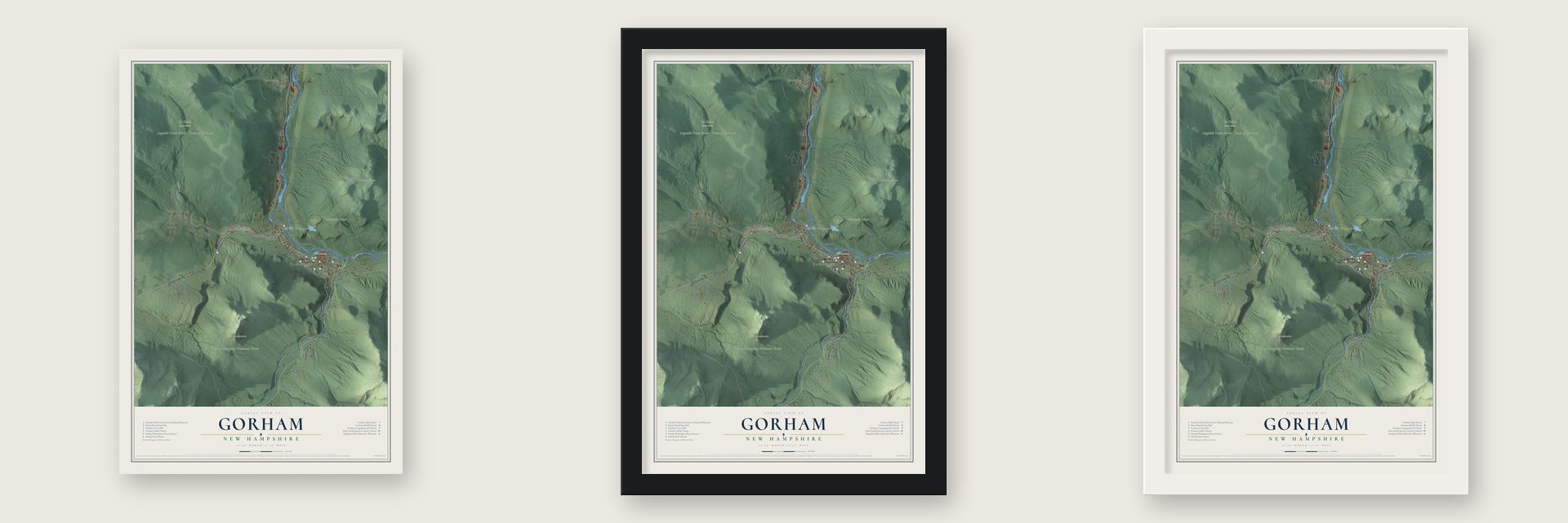 Gorham, New Hampshire map unframed, in a black wood frame and in a white wood frame