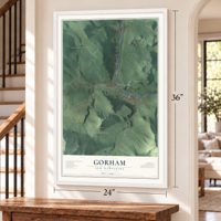 Gorham, New Hampshire map, 24 x 36 inch print in a white frame by a staircase