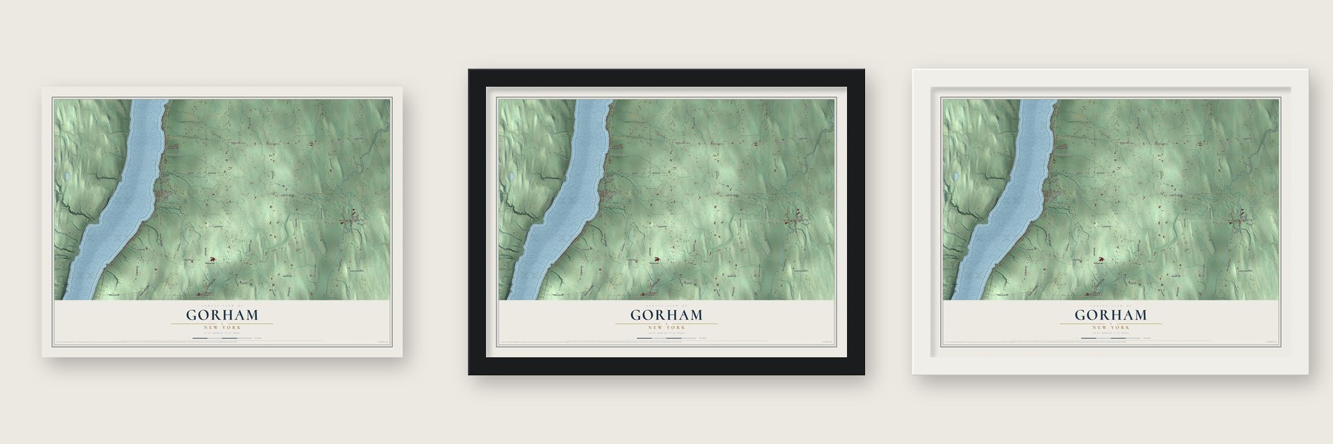 Gorham, New York map unframed, in a black wood frame and in a white wood frame