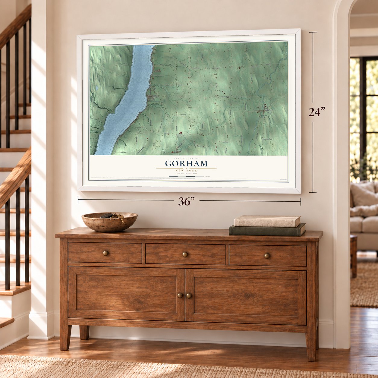 Gorham, New York map, 24 x 36 inch print in a white frame above a dresser by a staircase
