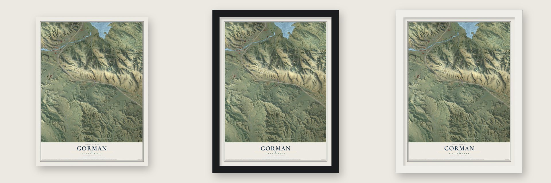 Gorman, California map unframed, in a black wood frame and in a white wood frame
